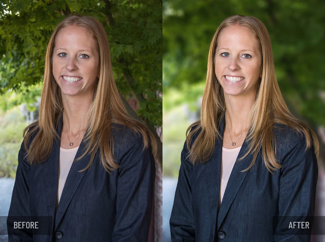 Before and after corporate headshot of a woman with long light brown hair; skin retouching, background cleanup, color correction