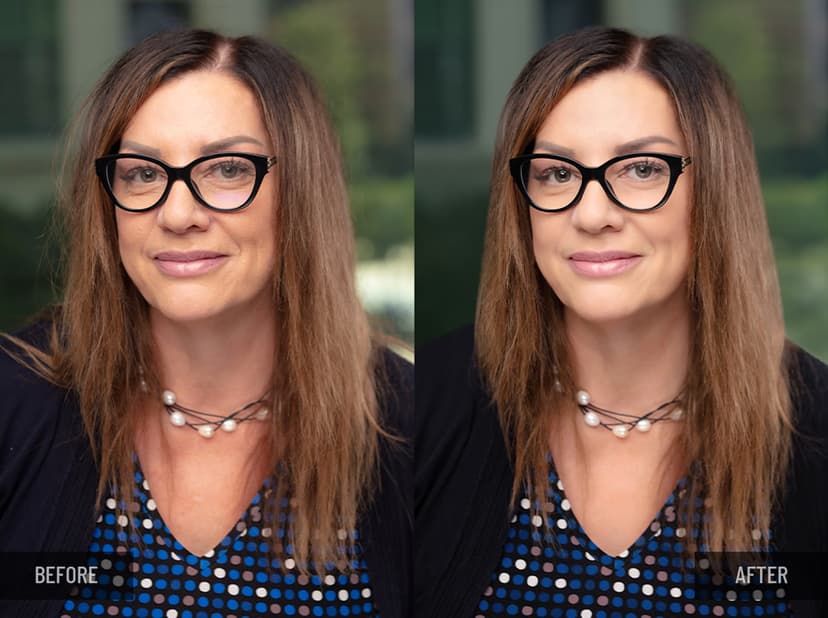 Before and after corporate headshot of a woman with long brown hair and glasses; skin and facial retouching, blurring background, color correction