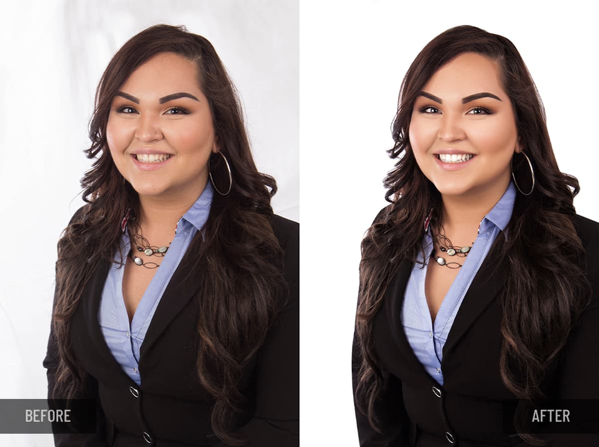 Before and after corporate headshot of a woman with long dark brown hair; enhancement of facial details, skin retouching