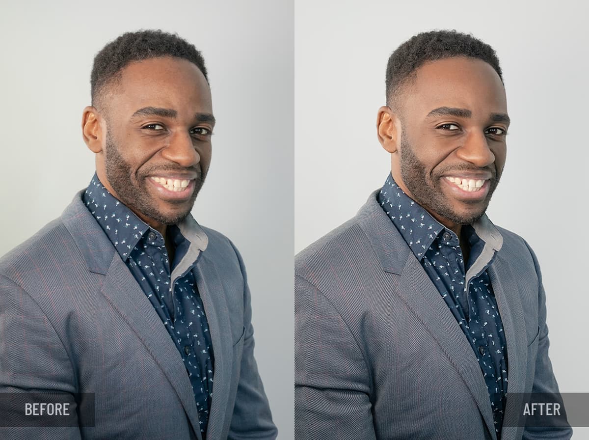 Before and after business headshot of a man with short black hair; clothing and fabric cleanup, background cleanup, matching tones
