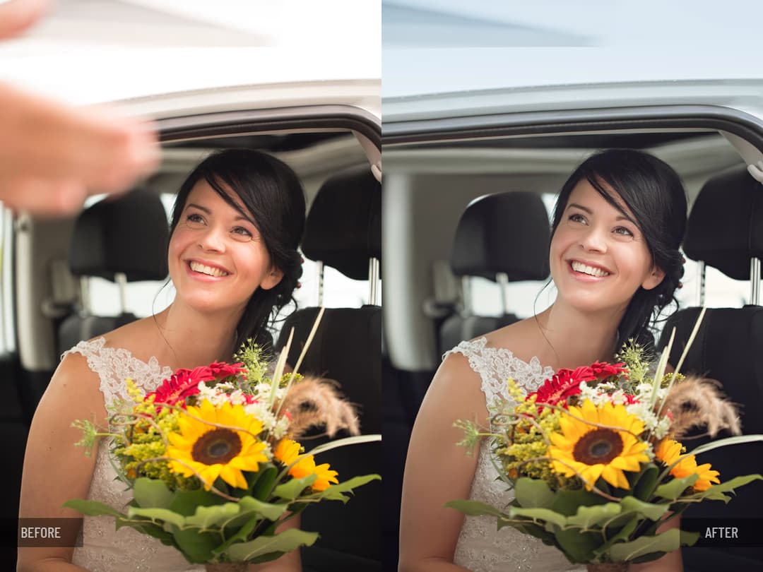 Smiling bride in a car holding a sunflower bouquet, distraction removal from the foreground, color correction, and skin retouching kept natural