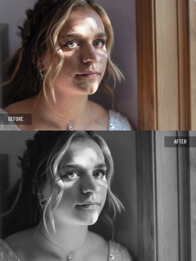 Bride close-up by a window with before/after retouch, blemish removal and shine cleanup, natural skin texture preserved, timeless BW version