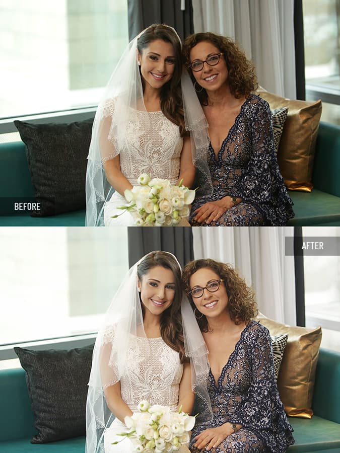Bride with her mother on a sofa holding bouquet, skin retouching with natural texture, color correction, and background cleanup