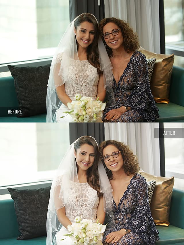 Bride with her mother on a sofa holding bouquet, skin retouching with natural texture, color correction, and background cleanup