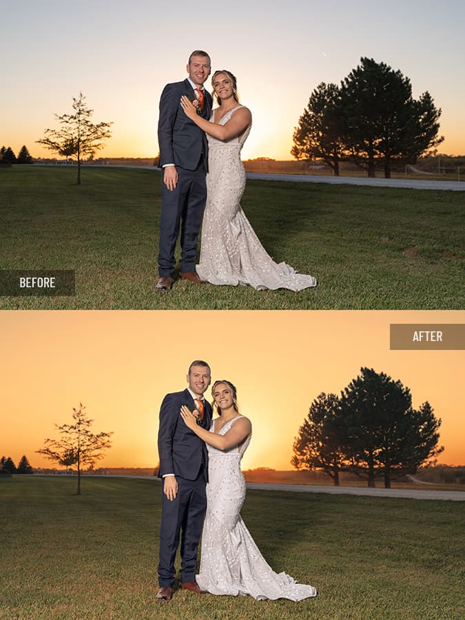 Wedding couple hugging on lawn at golden hour, consistent tones across the image, background cleanup, and subtle skin retouching with natural texture