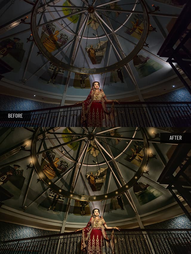 Bride in red dress under a domed ceiling, challenging lighting corrected, color correction for dramatic tones, and background cleanup for symmetry