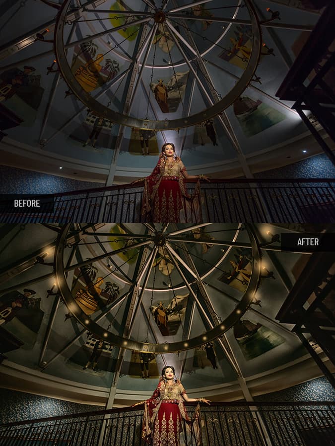 Bride in red dress under a domed ceiling, challenging lighting corrected, color correction for dramatic tones, and background cleanup for symmetry