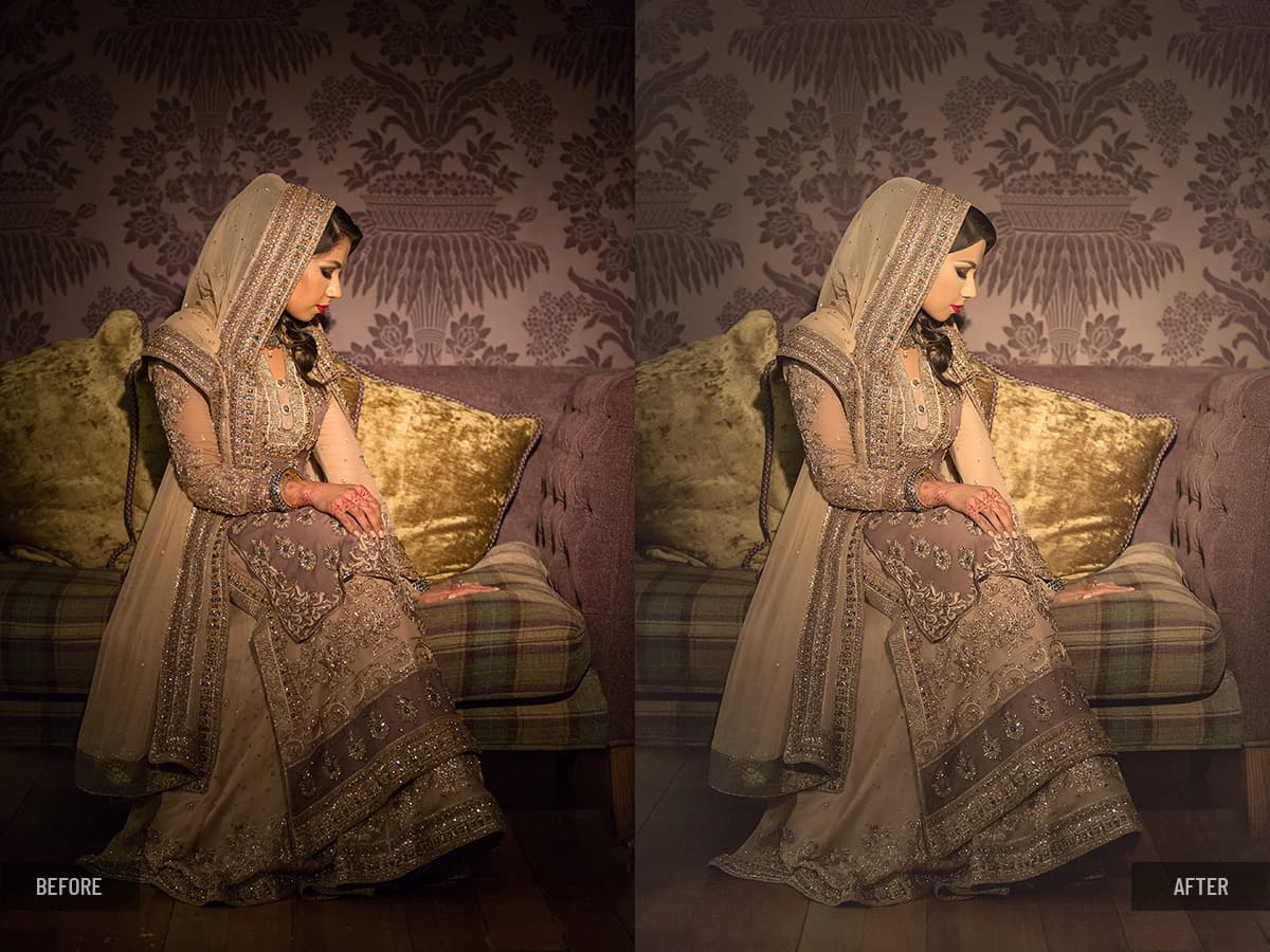 Bride in embroidered traditional dress seated on a sofa, color correction and warm color grading, background cleanup to remove distractions