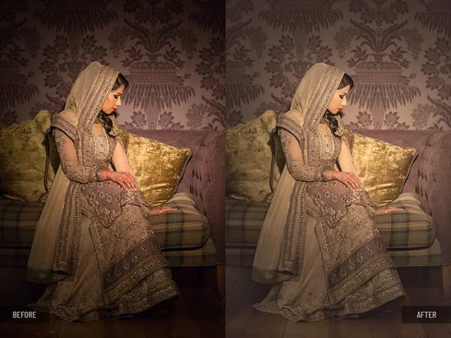 Bride in embroidered traditional dress seated on a sofa, color correction and warm color grading, background cleanup to remove distractions