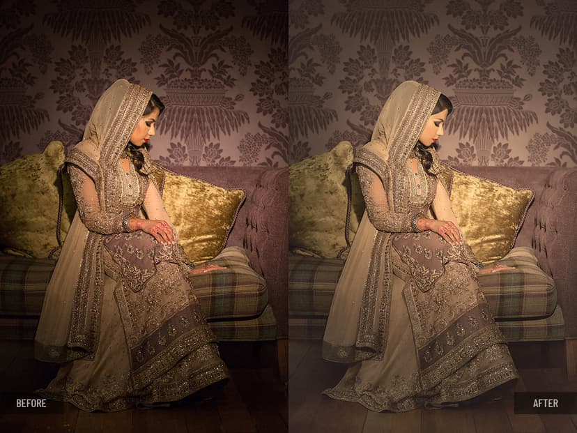 Bride in embroidered traditional dress seated on a sofa, color correction and warm color grading, background cleanup to remove distractions