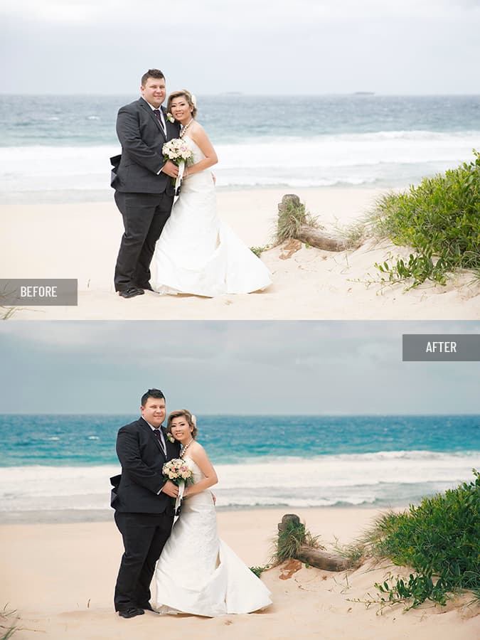 Bride and groom posing on sandy shore, skin smoothing with natural texture, sky replacement and color correction to match warm sunset mood