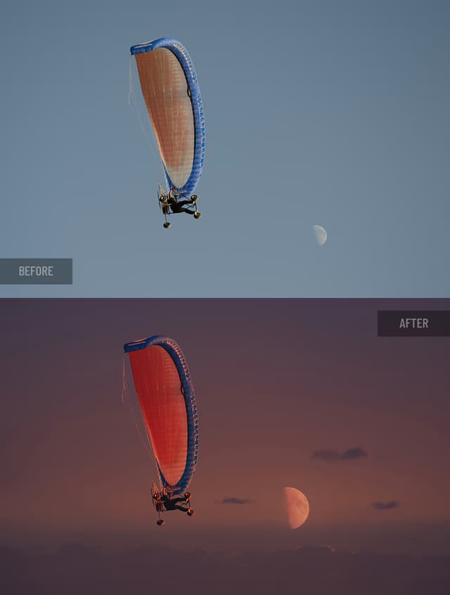 Before and after retouching: Desert canyon landscape with river, enhanced contrast and clarity for dramatic scene