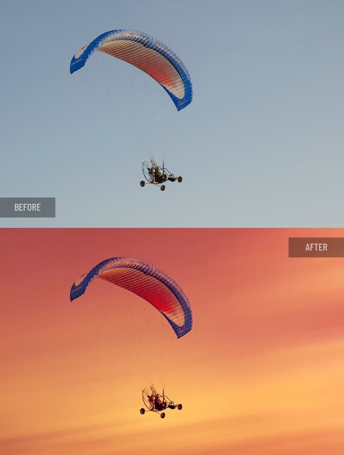 Before and after retouching: Powered paraglider at sunset with enhanced warm sky tones, color and light refinement for dramatic effect