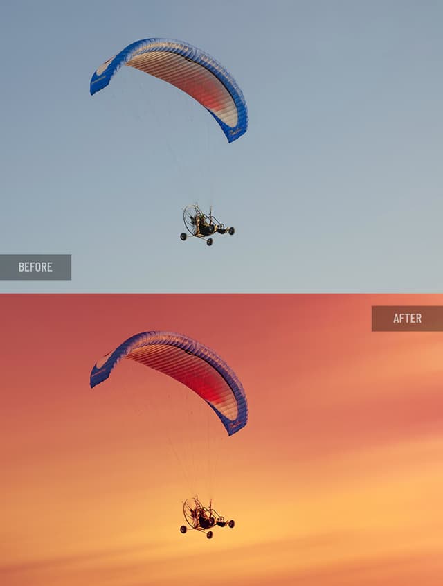 Before and after retouching: Powered paraglider at sunset with enhanced warm sky tones, color and light refinement for dramatic effect