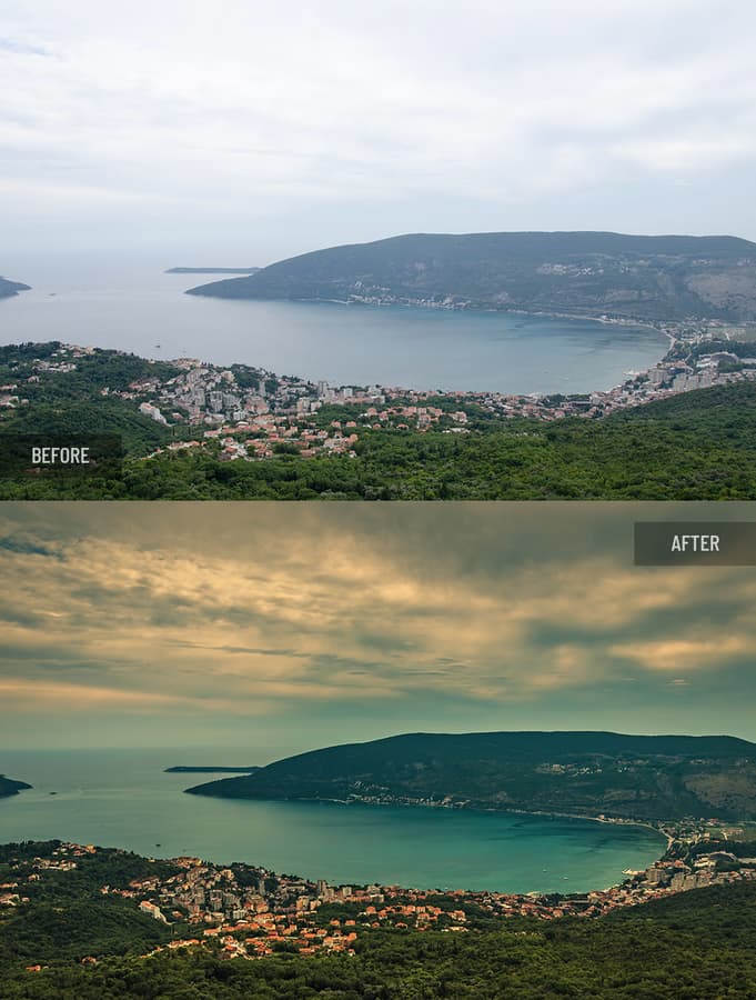 Before and after retouching: Coastal bay panorama, dull sky replacement with color and light refinement for a moody, dramatic atmosphere