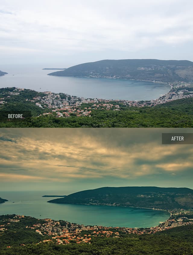 Before and after retouching: Coastal bay panorama, dull sky replacement with color and light refinement for a moody, dramatic atmosphere