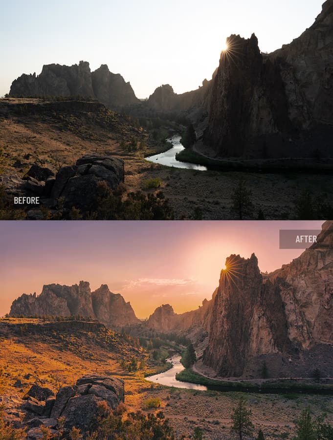 Before and after retouching: Before and after rock canyon landscape at golden hour, sky and atmosphere enhanced with sunset glow