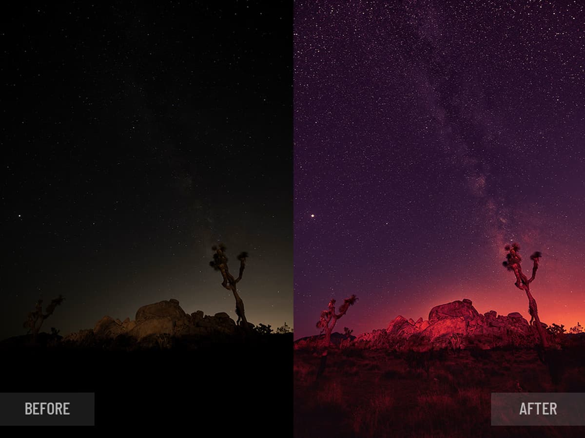 Before and after retouching: Desert night sky with Milky Way and Joshua tree, enhancement of moody lighting and sky color enhancement for depth