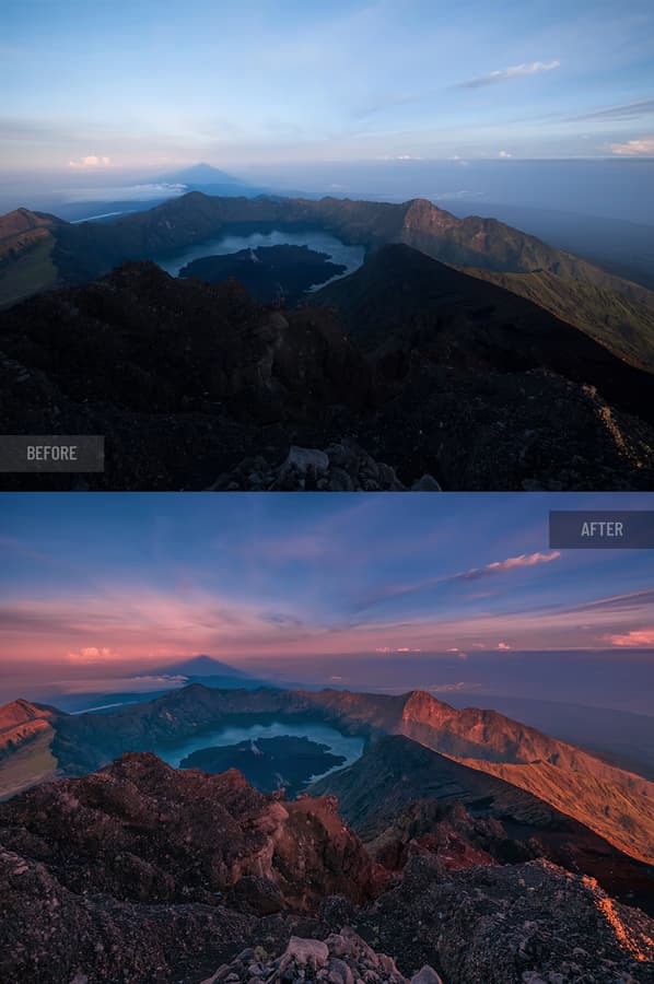 Before and after retouching: Mountain lake panorama at sunrise, enhancement of sunrise lighting and sky color enhancement for vibrancy and depth