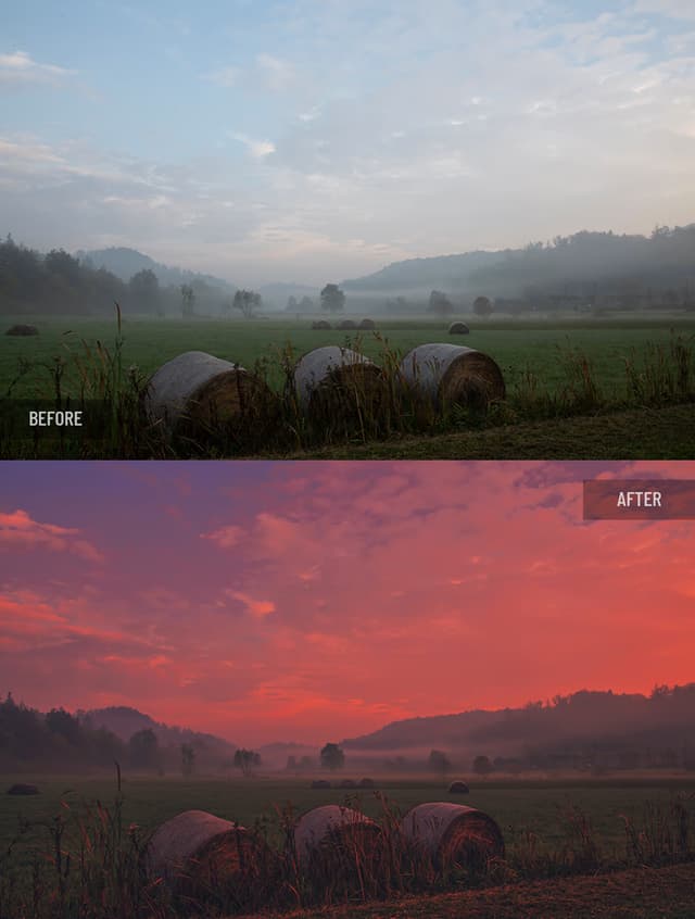 Before and after retouching: Farmland with hay bales at sunset, dull sky replacement and enhancement of sunset lighting for dramatic atmosphere