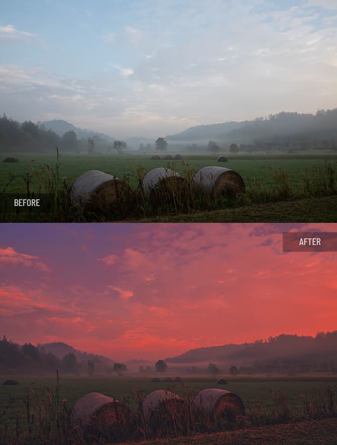 Before and after retouching: Farmland with hay bales at sunset, dull sky replacement and enhancement of sunset lighting for dramatic atmosphere