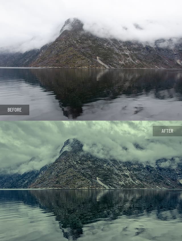 Before and after retouching: Misty fjord landscape with rocky peak, natural, accurate color balancing and enhancement of moody lighting tones