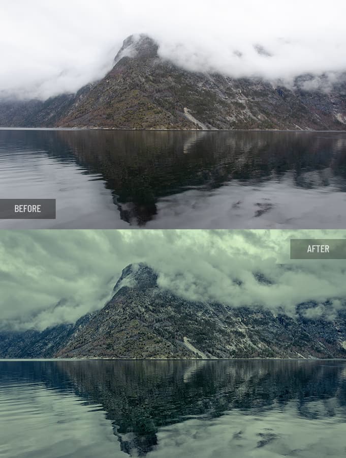 Before and after retouching: Misty fjord landscape with rocky peak, natural, accurate color balancing and enhancement of moody lighting tones