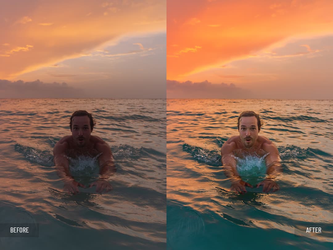 Before and after surfer portrait at sunset in the ocean; skin and beauty retouching, color correction, and enhancement of sunset lighting