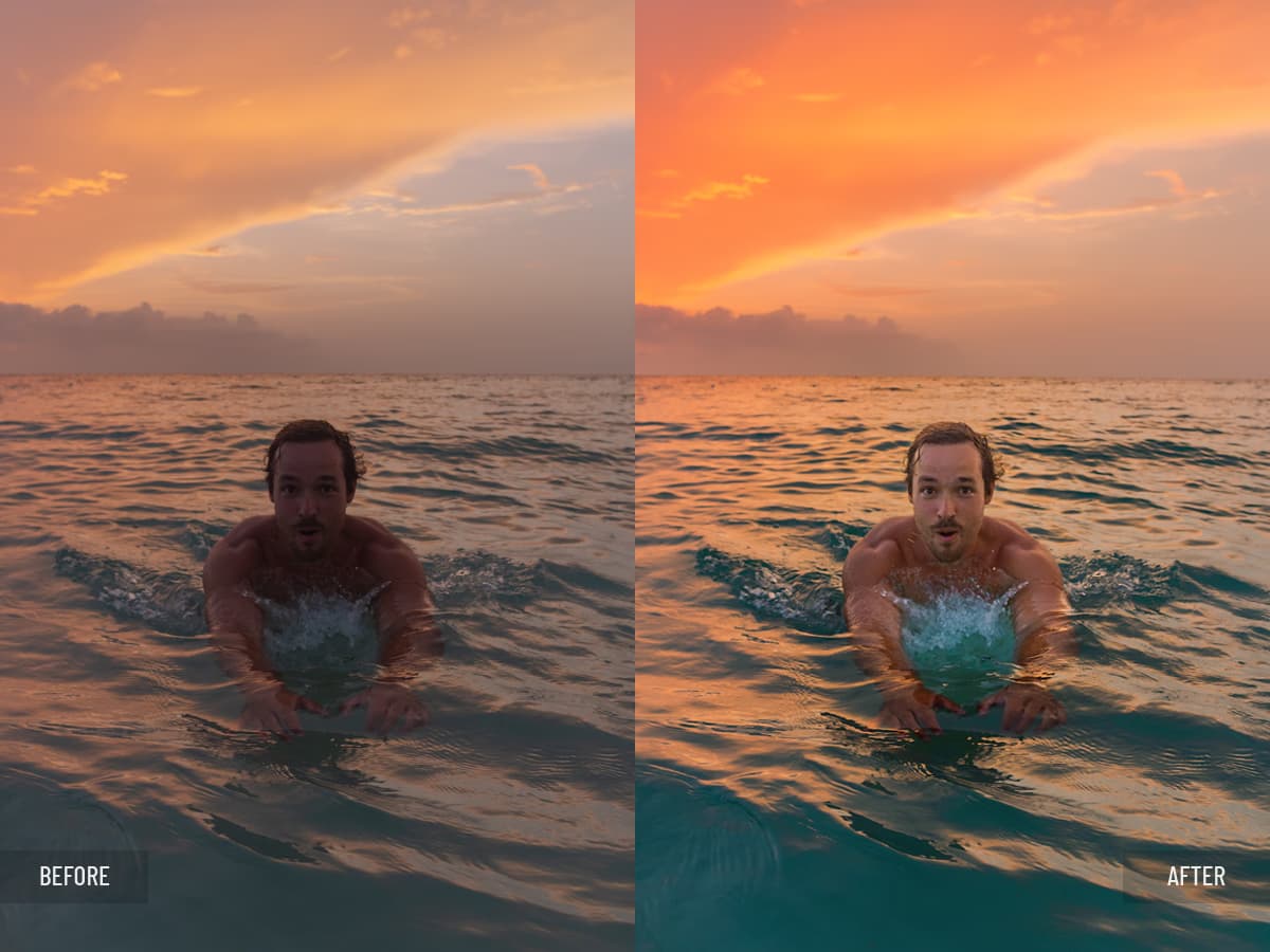 Before and after surfer portrait at sunset in the ocean; skin and beauty retouching, color correction, and enhancement of sunset lighting