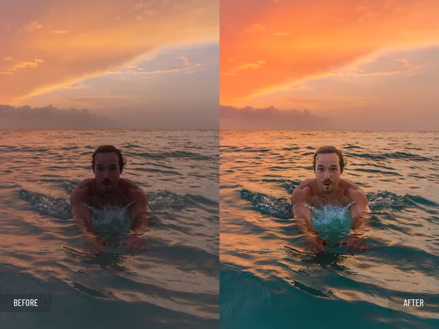 Before and after surfer portrait at sunset in the ocean; skin and beauty retouching, color correction, and enhancement of sunset lighting