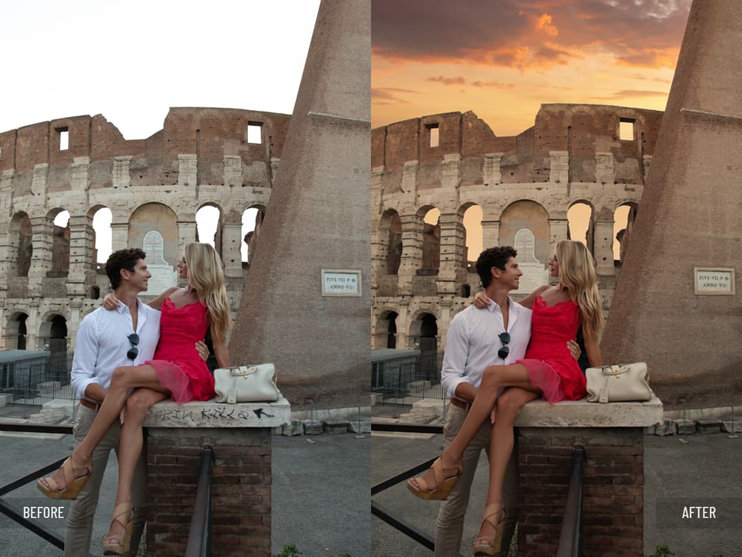 Before and after couple portrait at the Colosseum, Rome; skin and beauty retouching, color correction, sky replacement